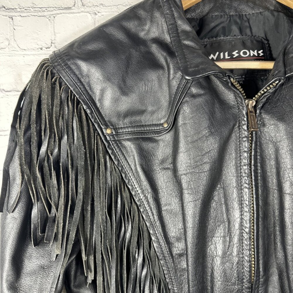 Vintage Wilsons Leather Jacket Womens Medium Black Fringe Western Cropped Biker - Picture 4 of 11